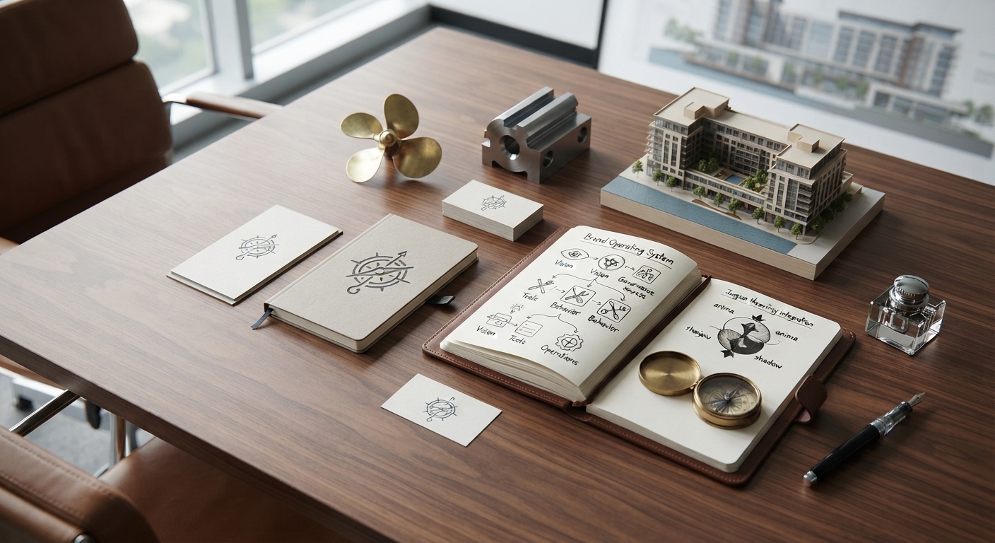 Brand operating system workspace with notebooks, brass compass and an architectural waterfront model