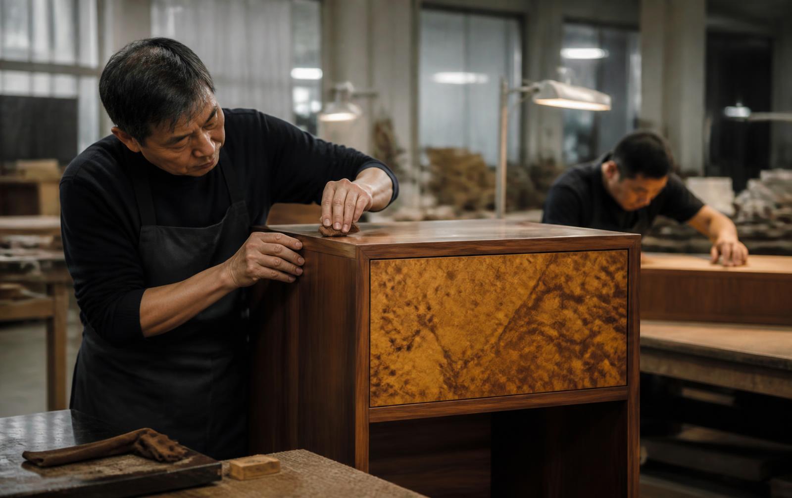 Master craftsmen hand-finishing a bespoke hardwood cabinet with exotic veneer in a premium furniture workshop