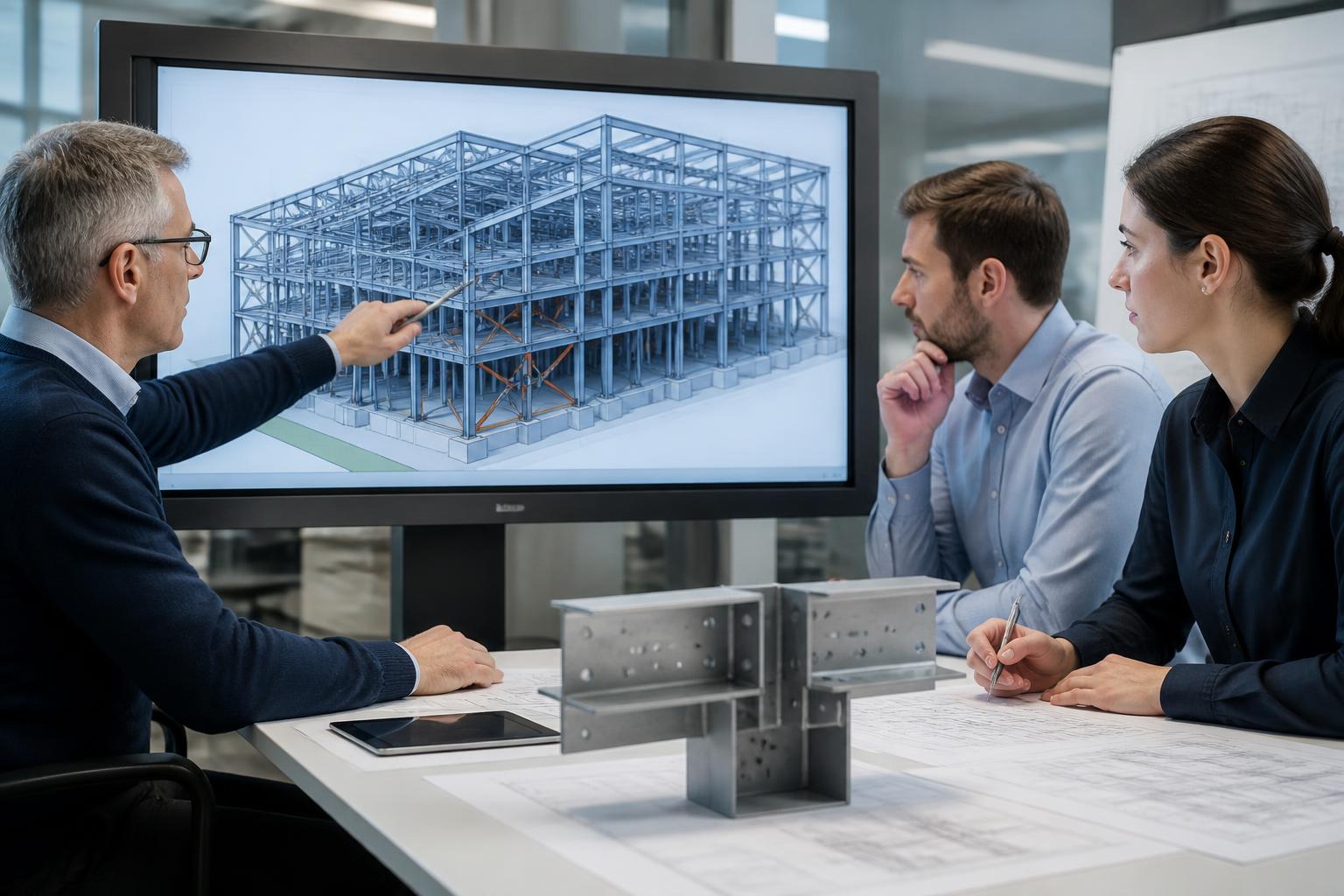 Engineers reviewing a detailed BIM model and steel connection