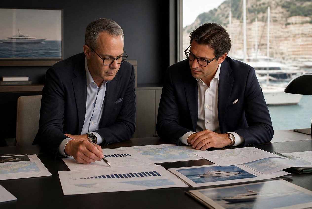 Senior consultants conducting luxury marine market research
