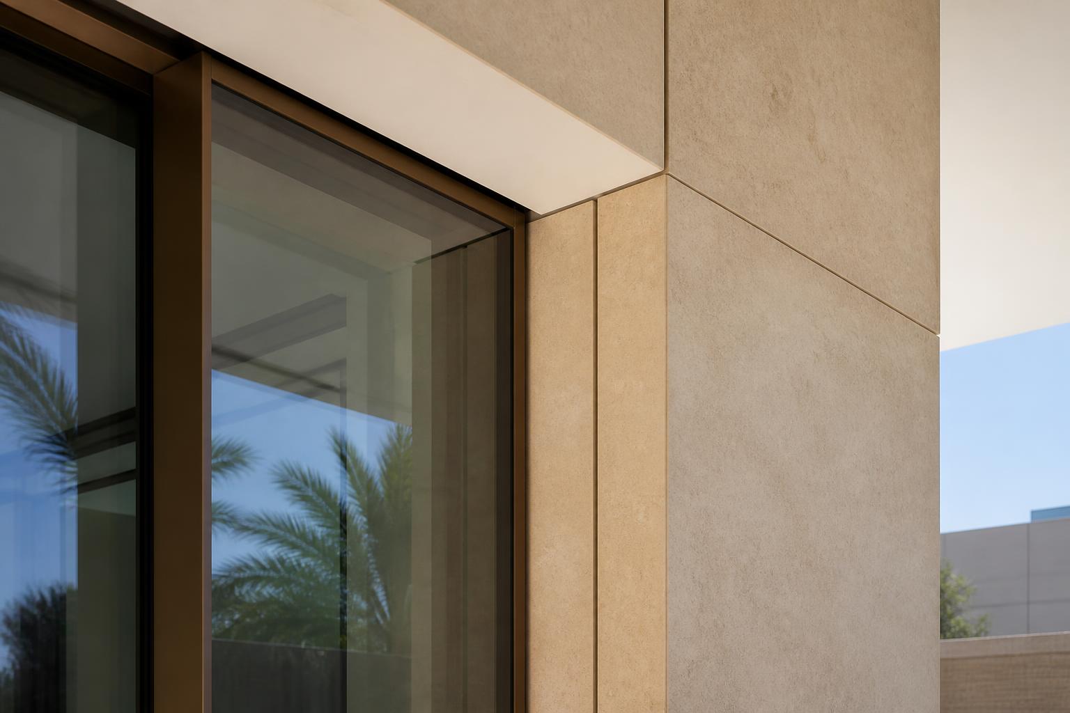 Close view of precisely aligned glazing, stone cladding and recessed architectural joints