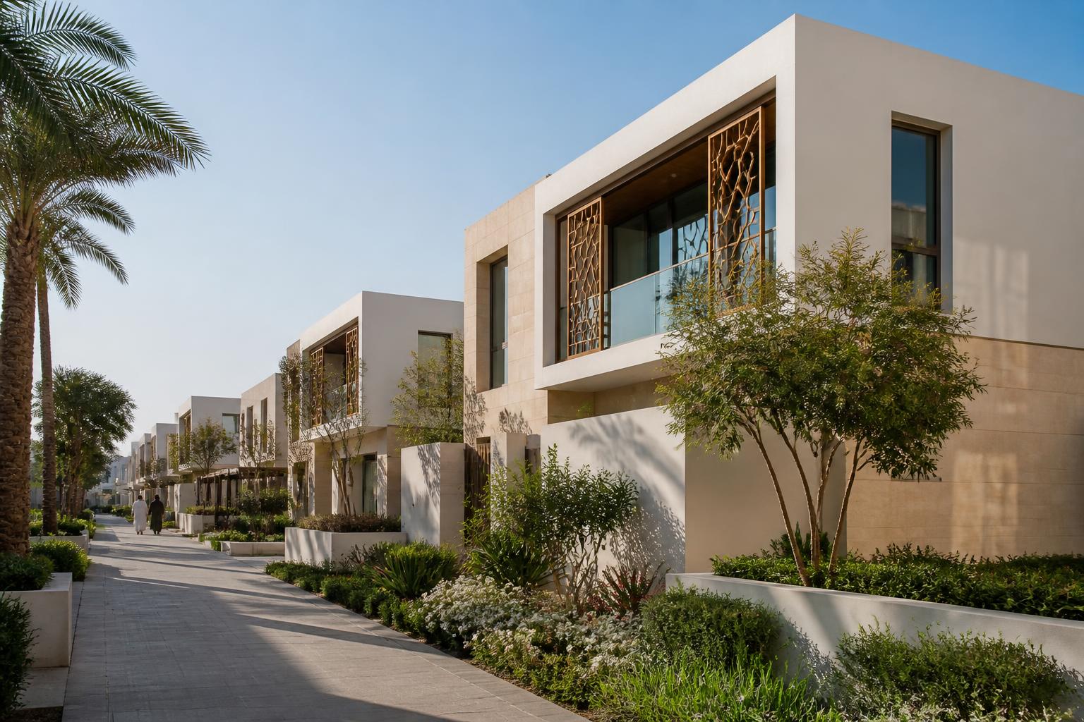 Completed modular residential development with landscaped pedestrian street in Dubai