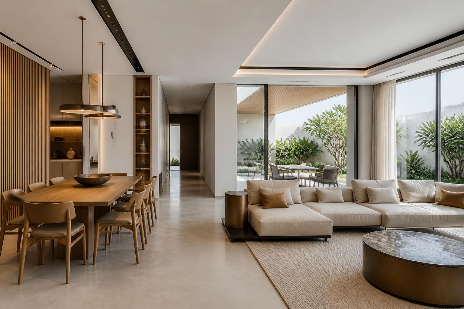 Finished contemporary villa interior opening onto a landscaped courtyard