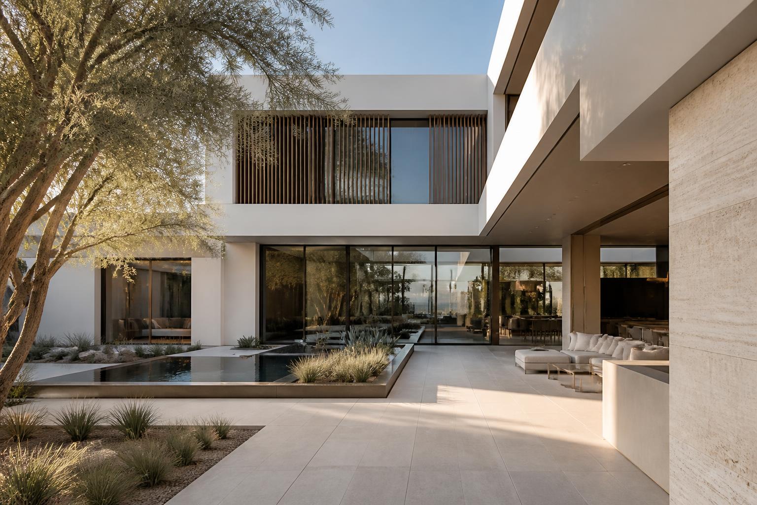Completed contemporary villa courtyard with precise glazing and stone detailing