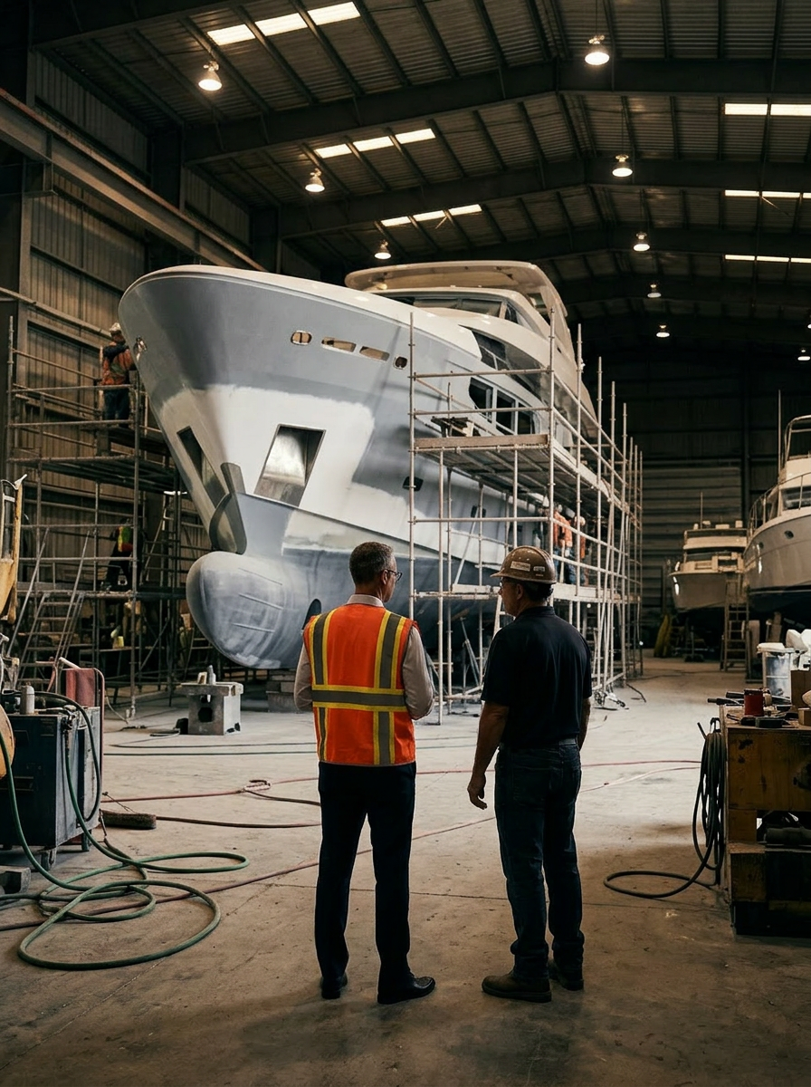 Founder of IONAIRE in a shipyard speaking with a production supervisor in front of a yacht under construction