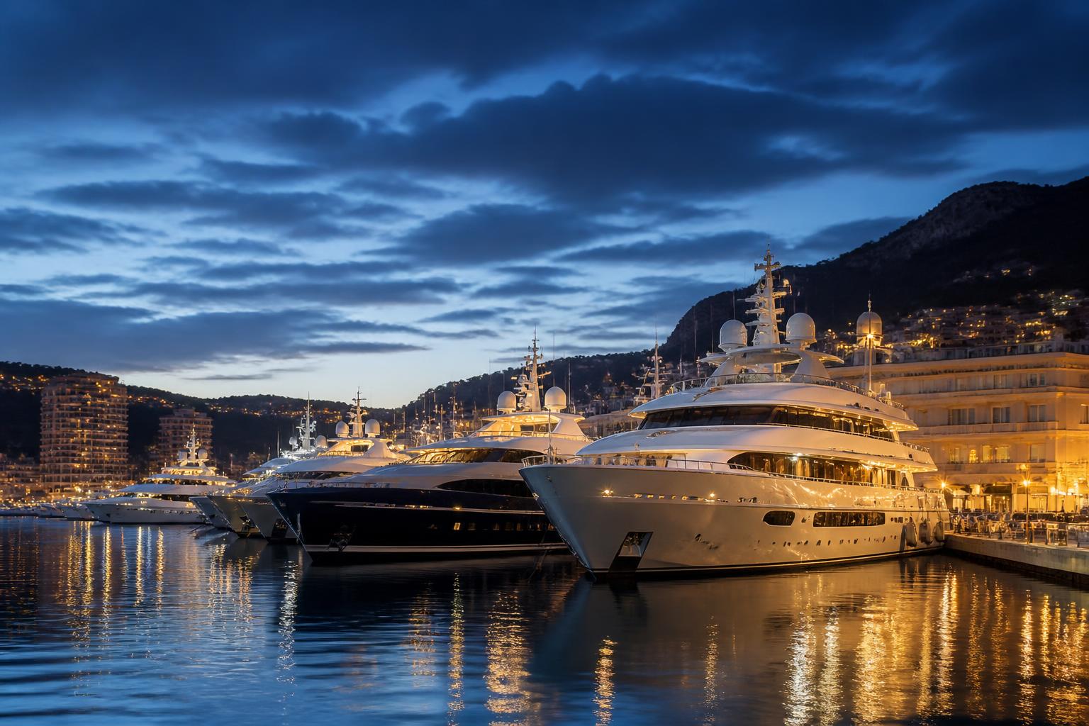 International superyacht marina at blue hour
