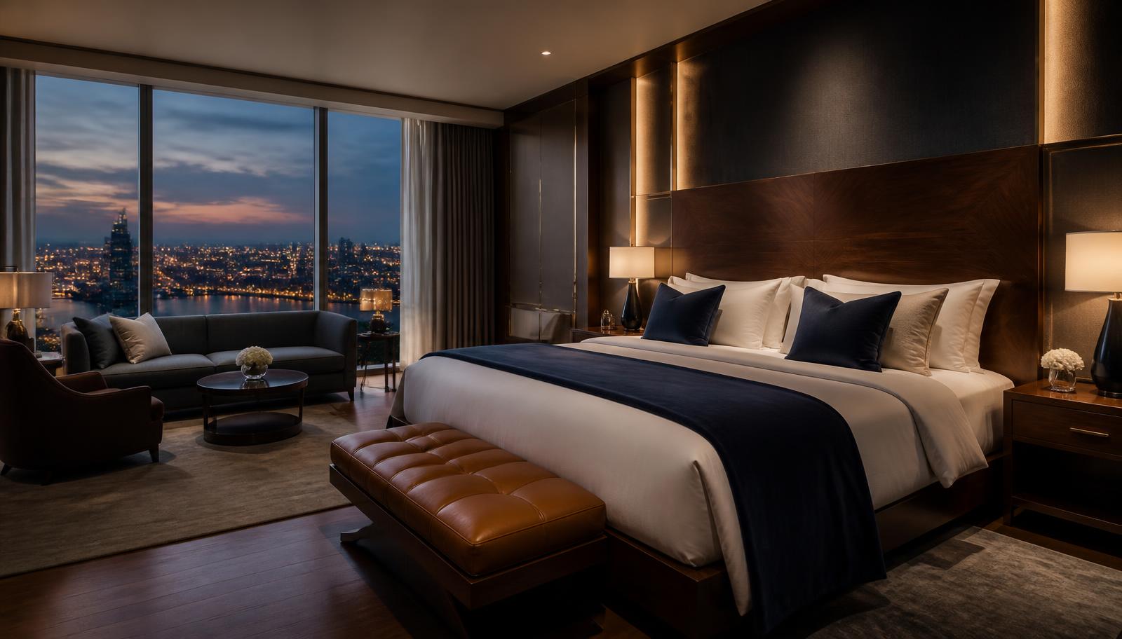 Finished luxury hotel suite with bespoke joinery and refined textiles at dusk