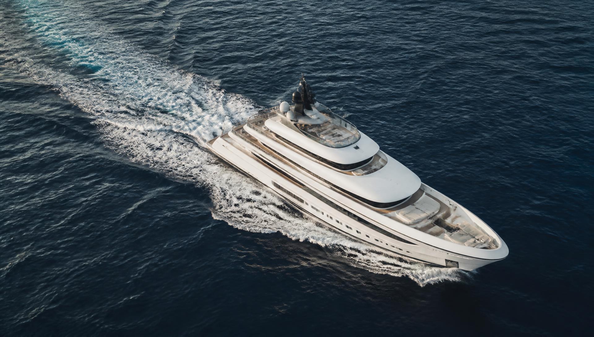 Aerial view of a superyacht underway on open sea