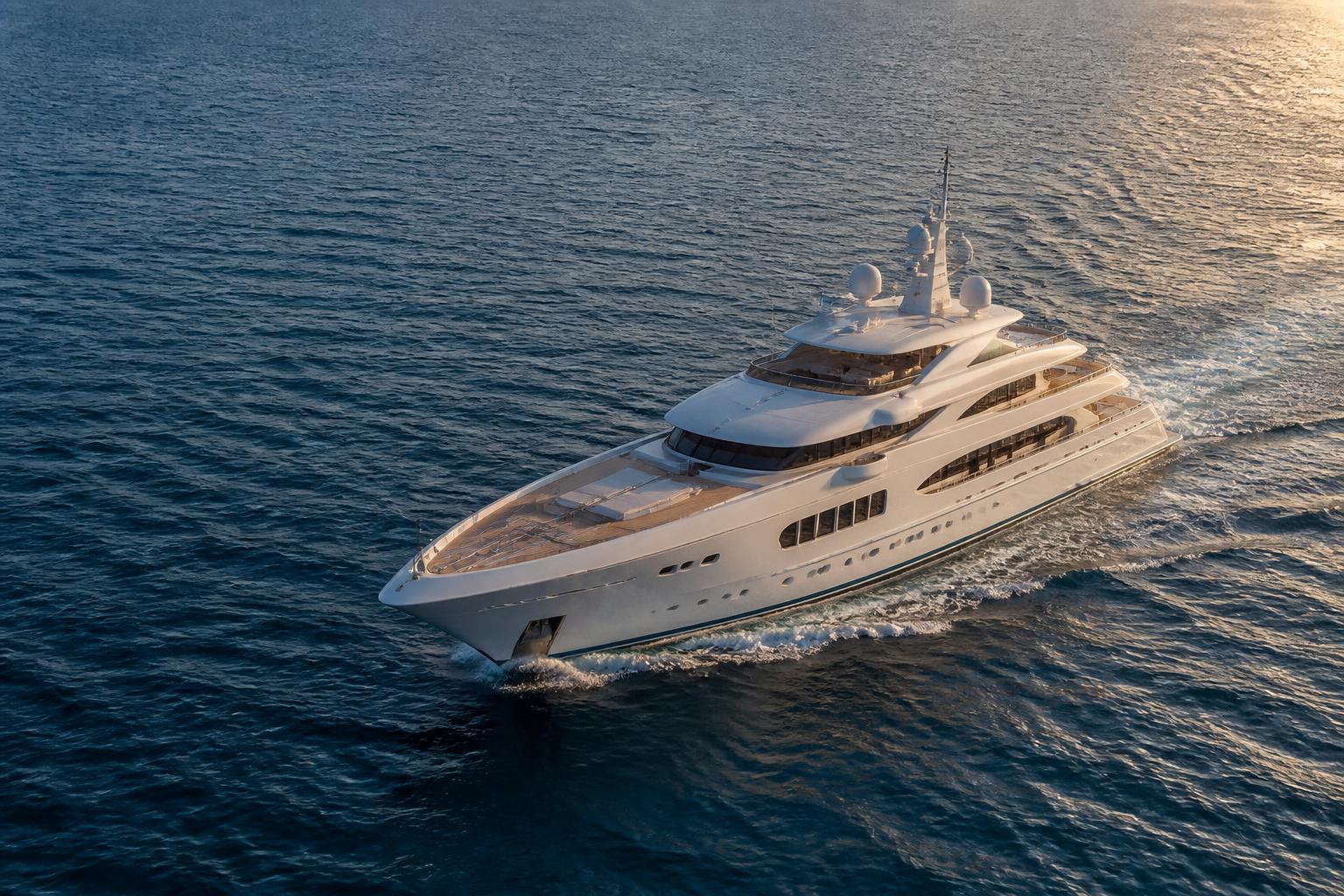 Aerial view of a large motor yacht underway