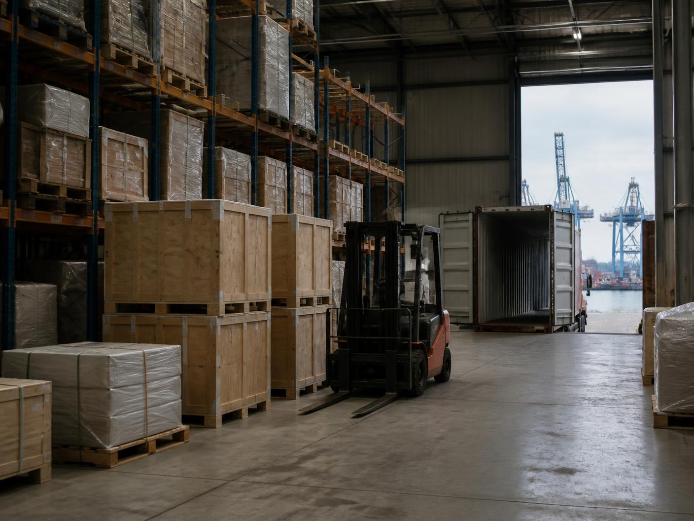 Labelled wooden crates of hotel furniture consolidated in a warehouse beside an open shipping container