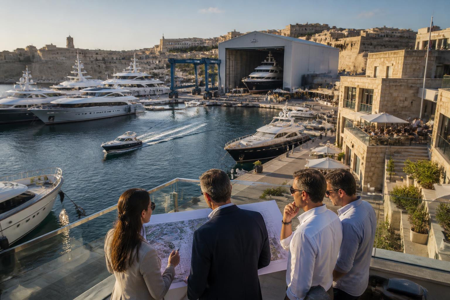 Professionals reviewing a marina masterplan across an active luxury marine ecosystem