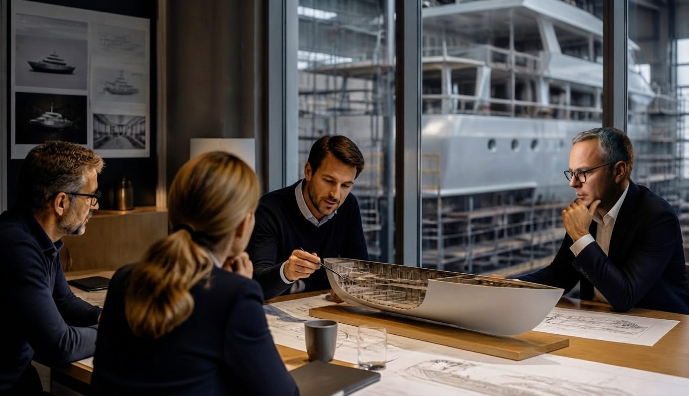 Marine specialists reviewing a yacht model and technical plans beside a vessel under construction