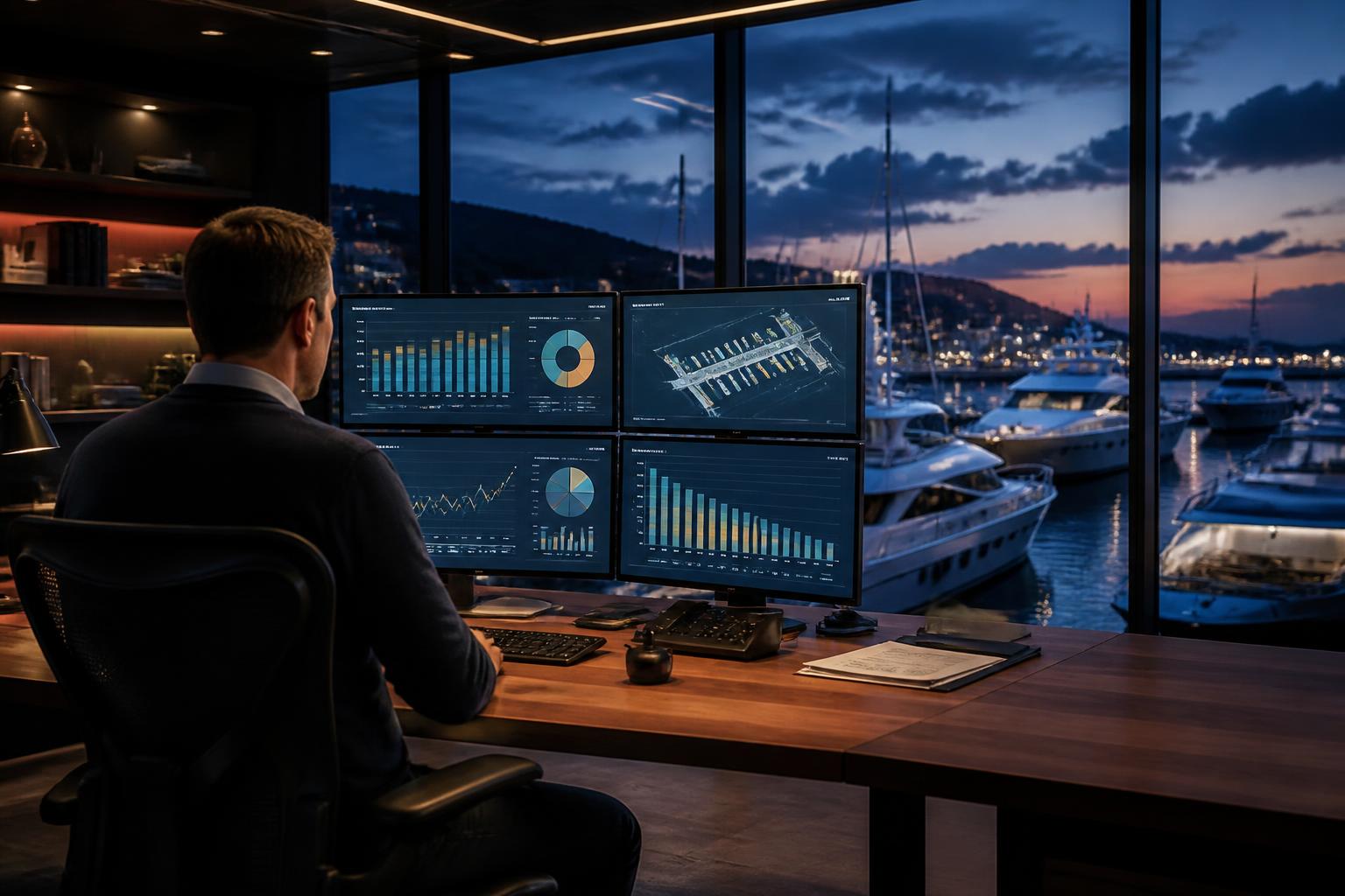 Marina operations director reviewing fleet utilization and performance intelligence