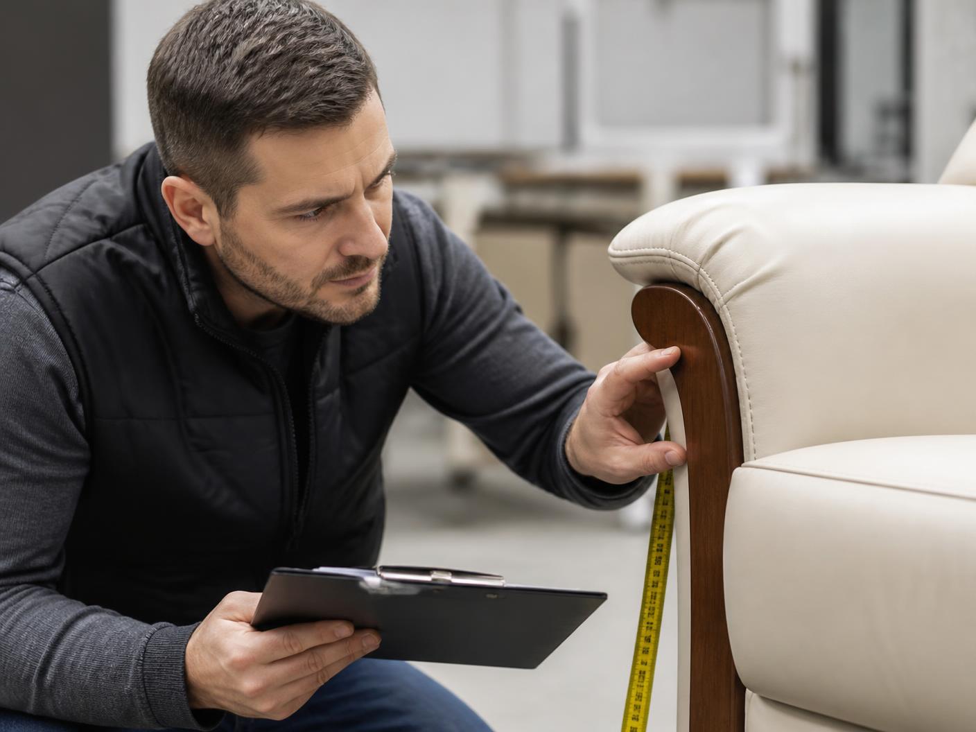 Quality assurance inspector examining the upholstery and joinery of a luxury armchair