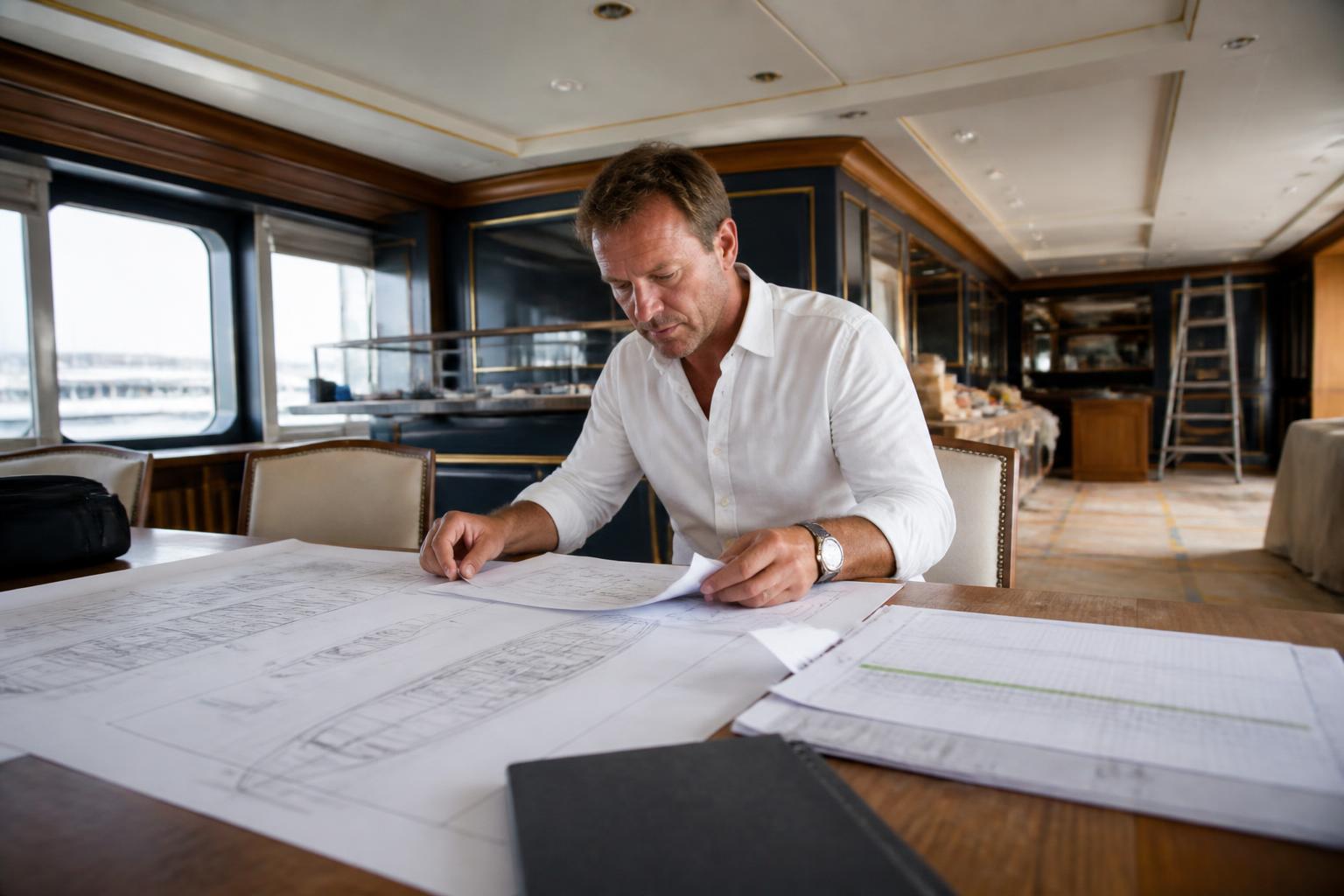 Owner’s representative reviewing yacht project plans