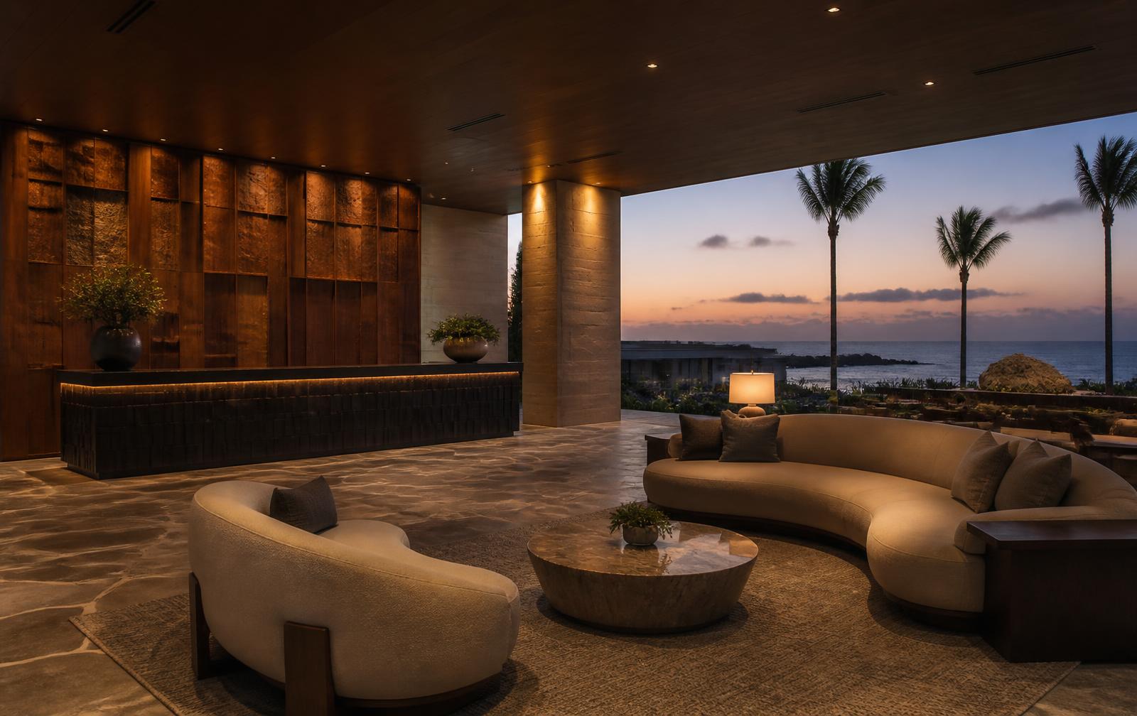 Luxury resort lobby at dusk with custom joinery reception and sculptural lounge seating