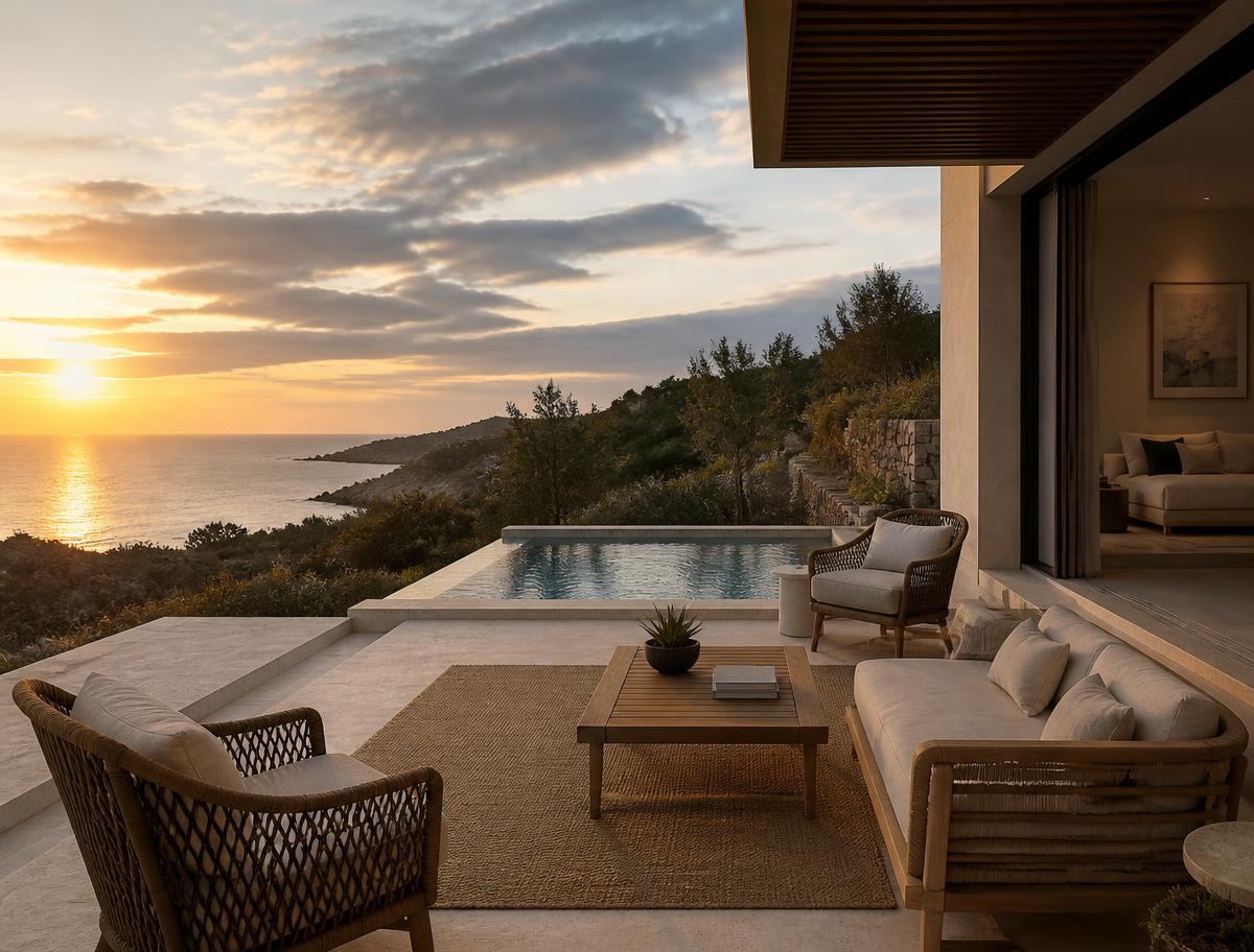 Luxury resort villa terrace with refined outdoor furniture overlooking the sea