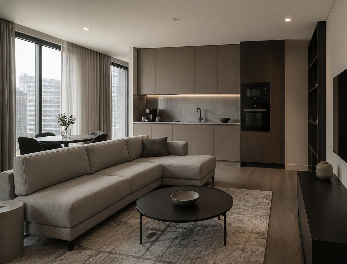 Premium serviced apartment living space with integrated joinery and hardwearing surfaces