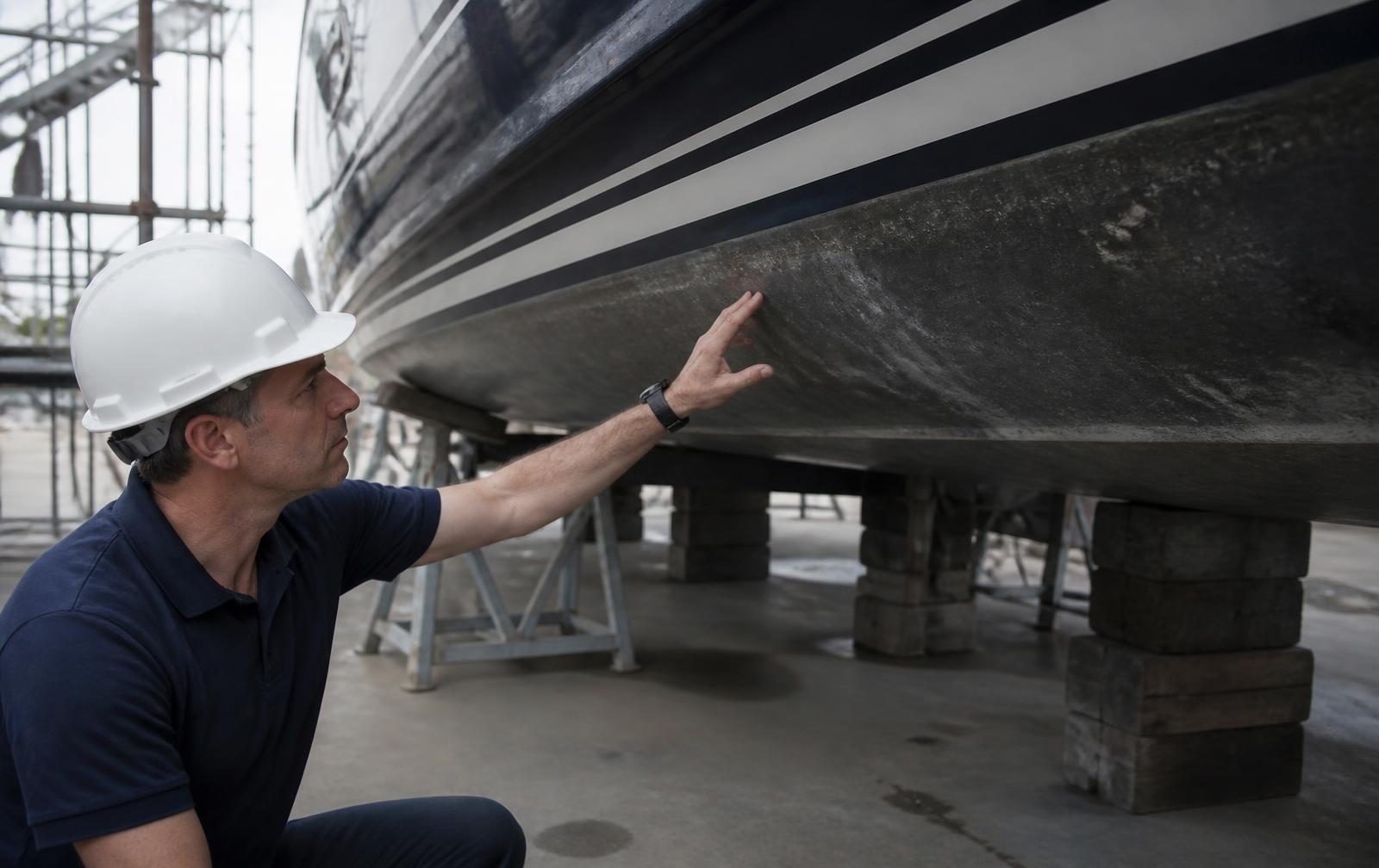 Marine surveyor inspecting the hull of a yacht hauled out in a shipyard