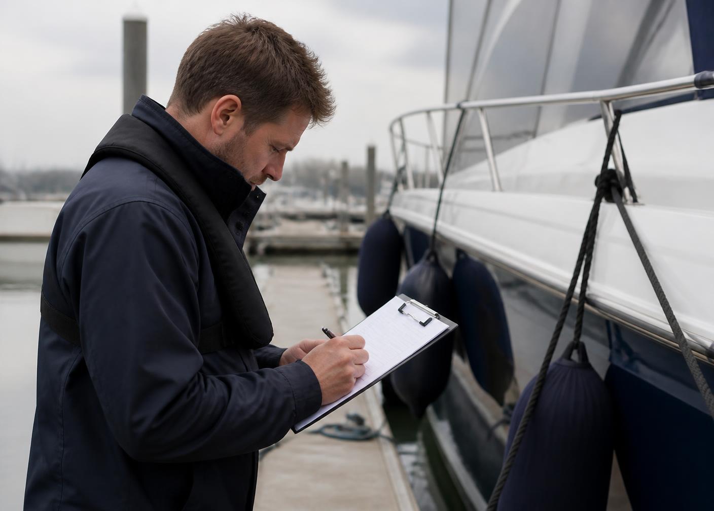 Marine surveyor recording findings dockside beside a moored yacht