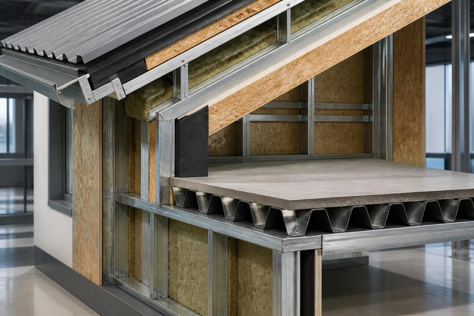 Cutaway mockup of a light gauge steel wall, floor and roof assembly