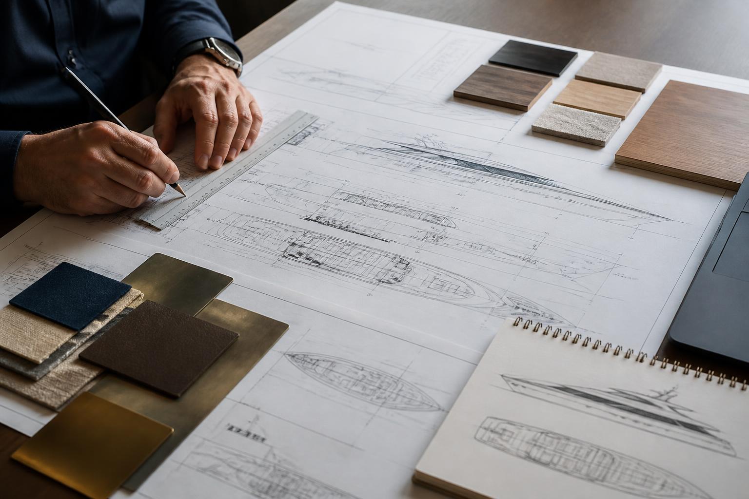 Marine specialists reviewing yacht construction drawings and material specifications