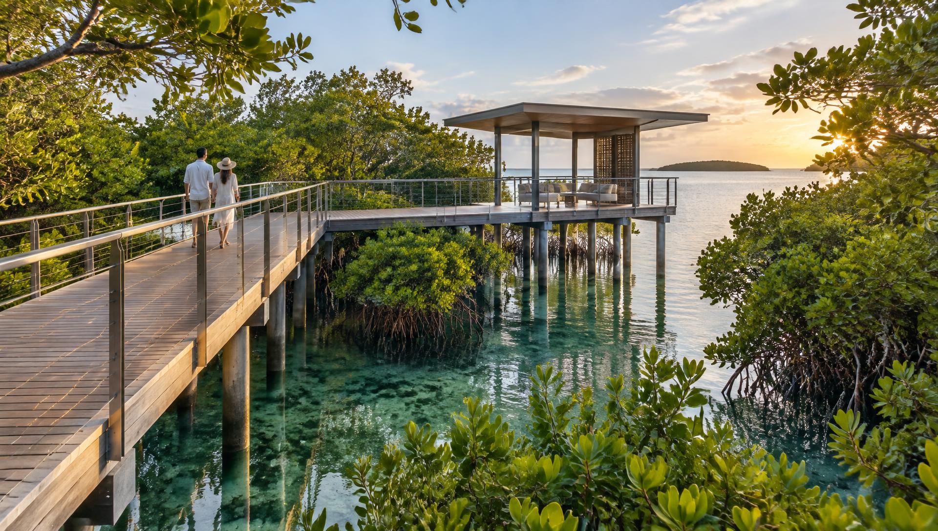 Low-impact elevated walkway through a protected mangrove environment