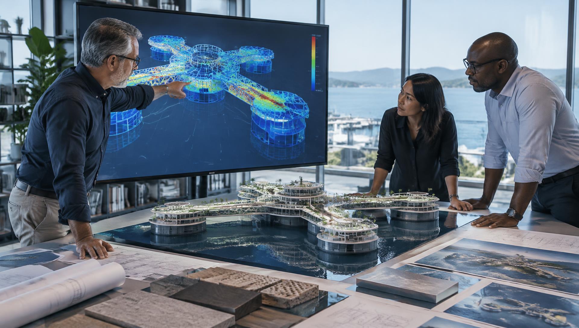 Marine engineers reviewing structural analysis for a floating resort platform
