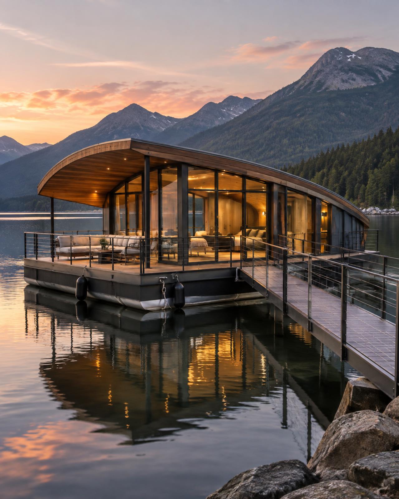 Curved floating boat house connected to a waterfront walkway