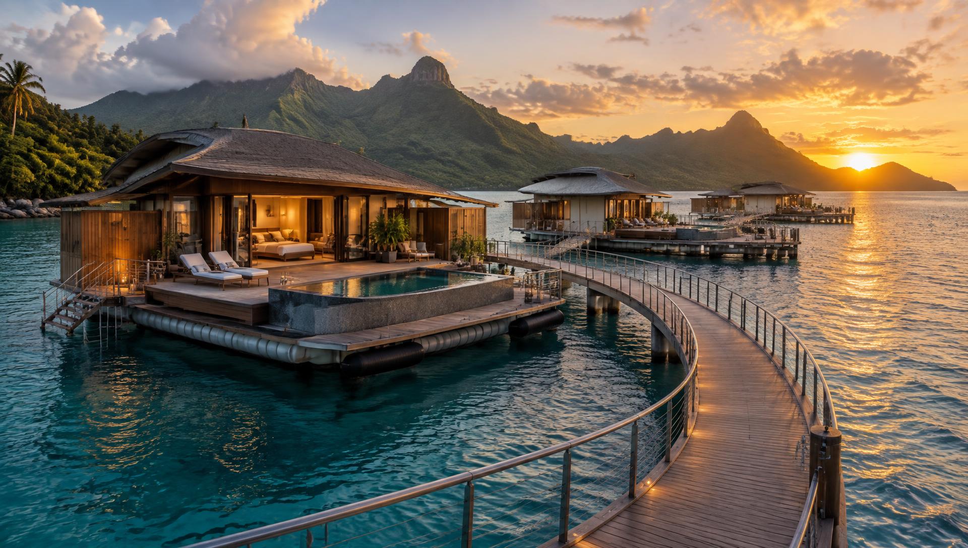 Premium floating villas and curved walkways at sunset
