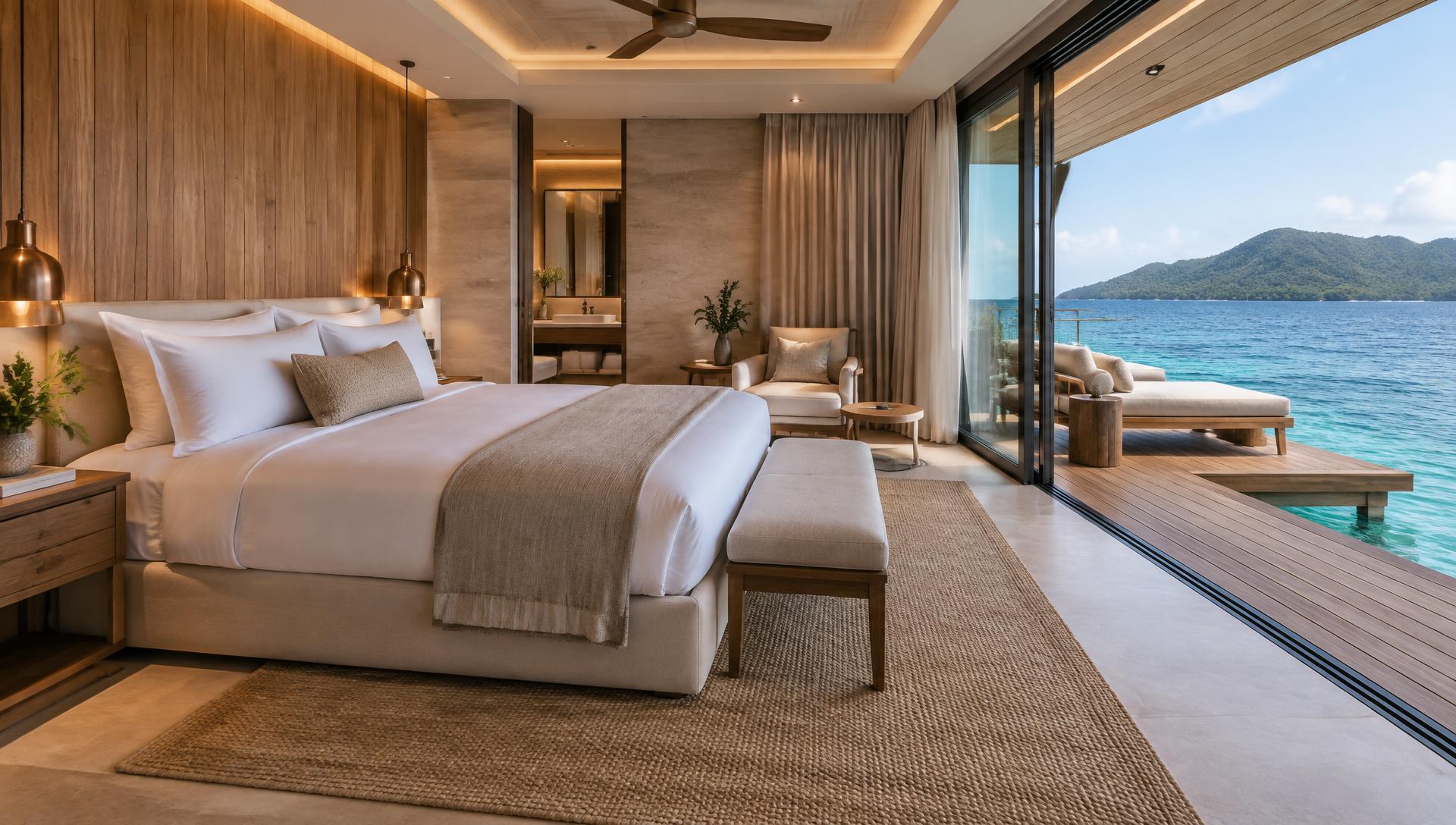 Luxury bedroom within a floating waterfront suite