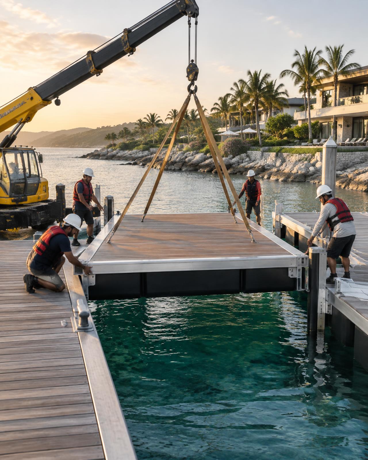 Specialist crew installing a prefabricated waterfront pontoon module
