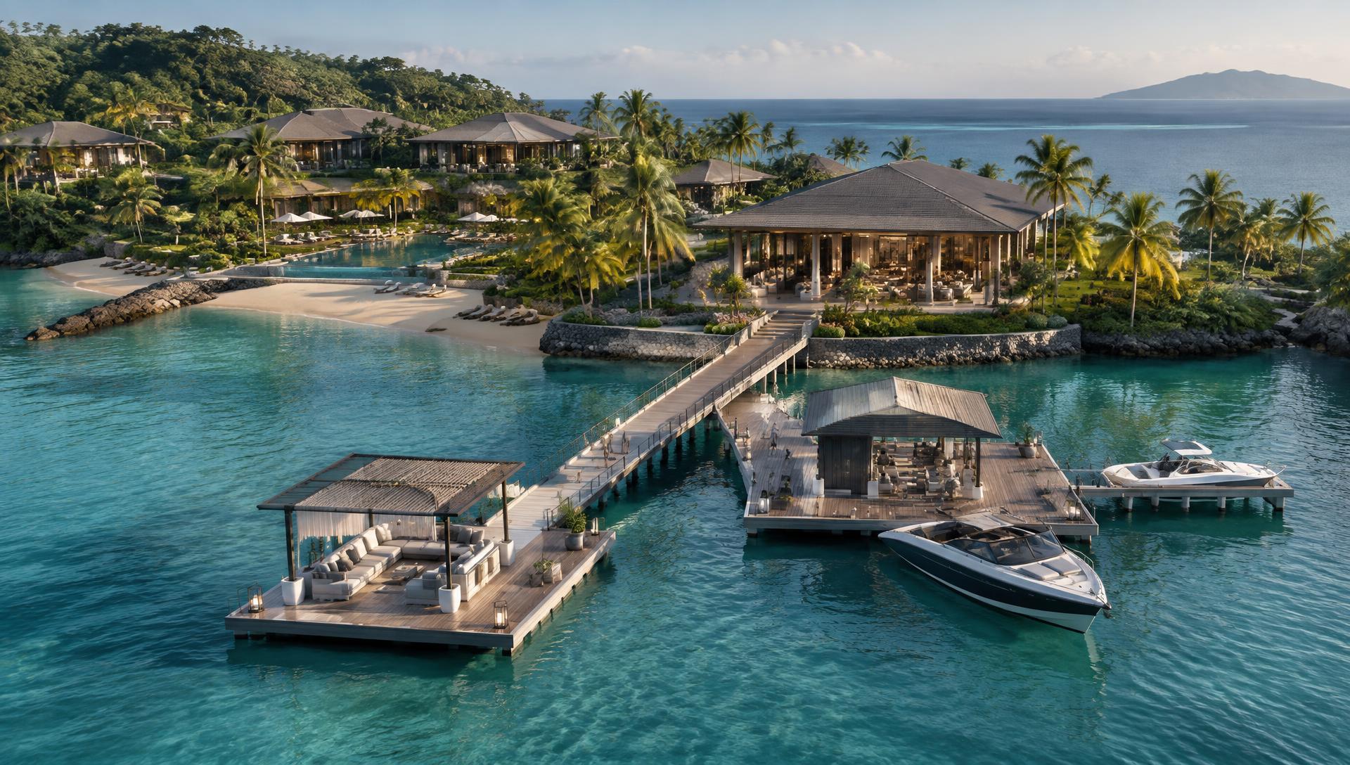 Integrated tropical resort, floating platforms, arrival jetty, and marina