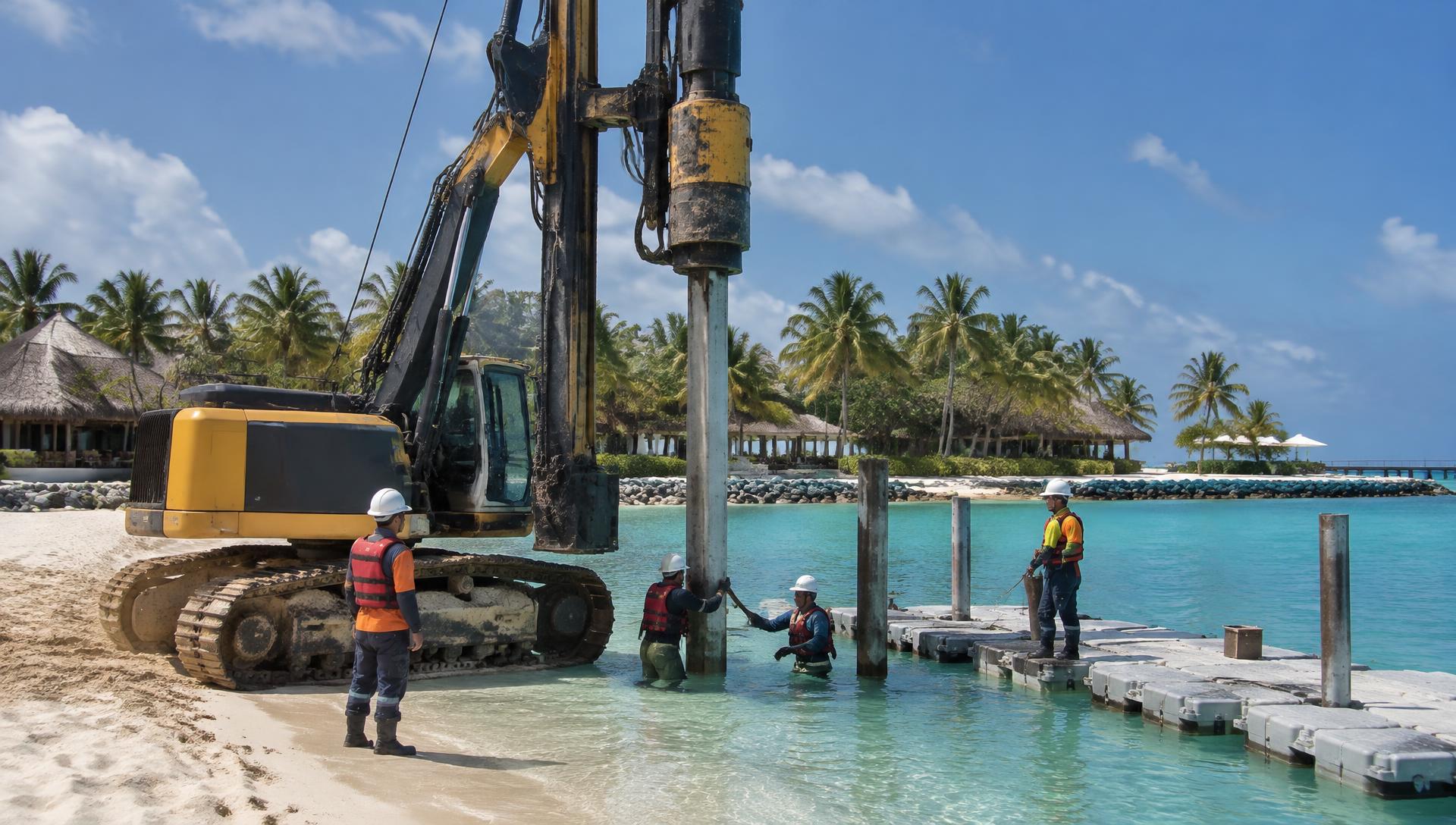 Specialist piling equipment installing a waterfront foundation on a tropical site