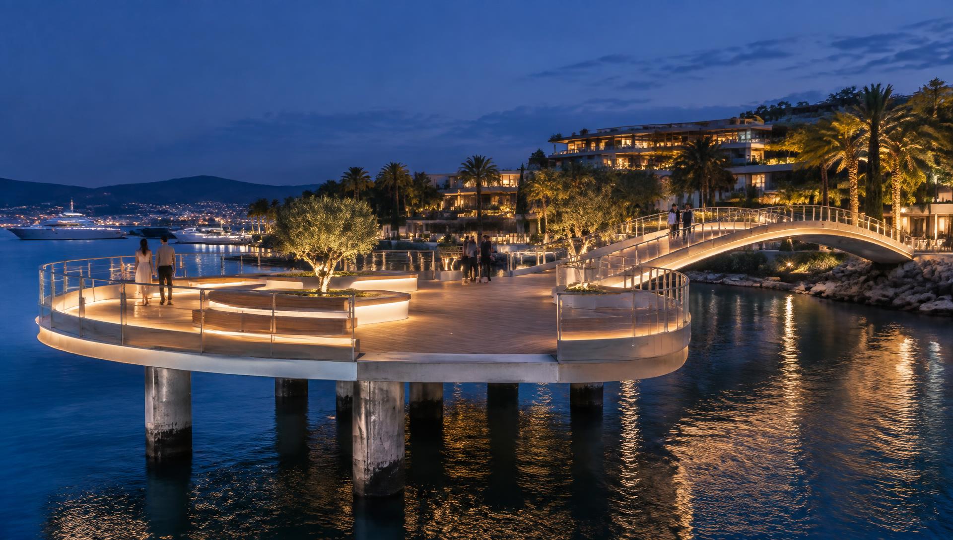Illuminated sculptural bridge creating a destination landmark across water