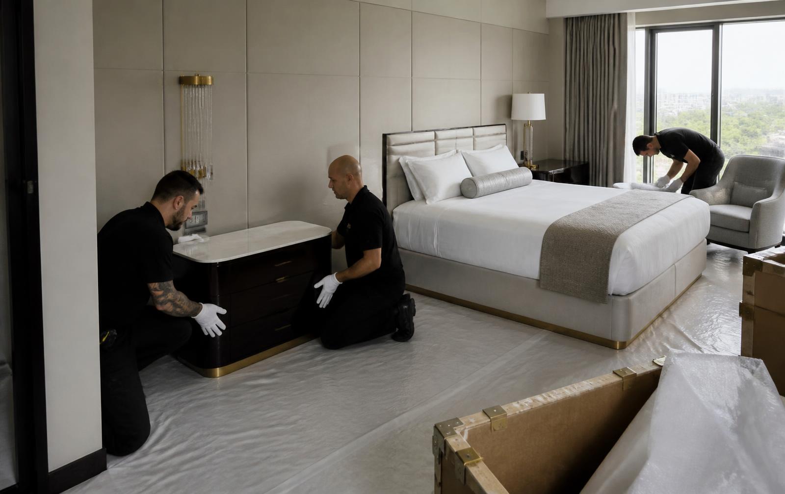 White-glove installation crew placing bespoke furniture in a luxury hotel guest room