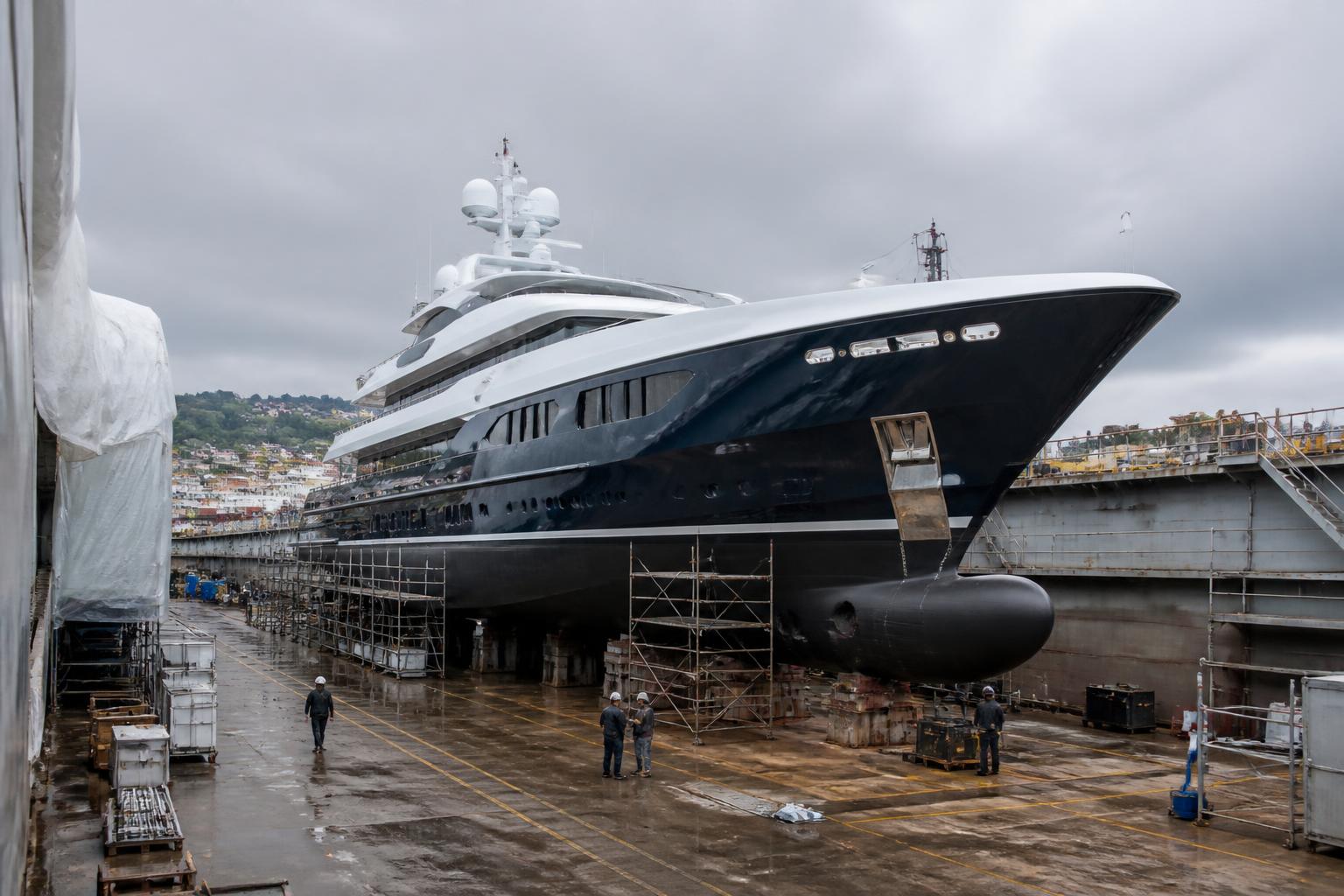 Large motor yacht in dry dock during a major refit
