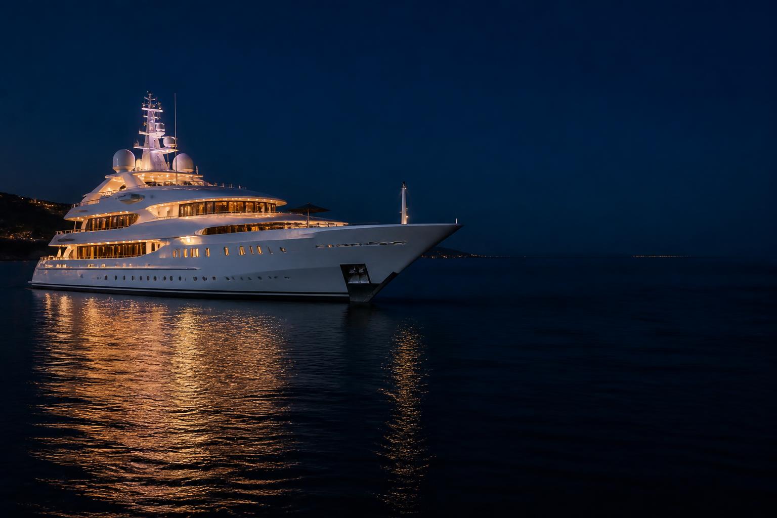 Motor yacht at anchor at blue hour