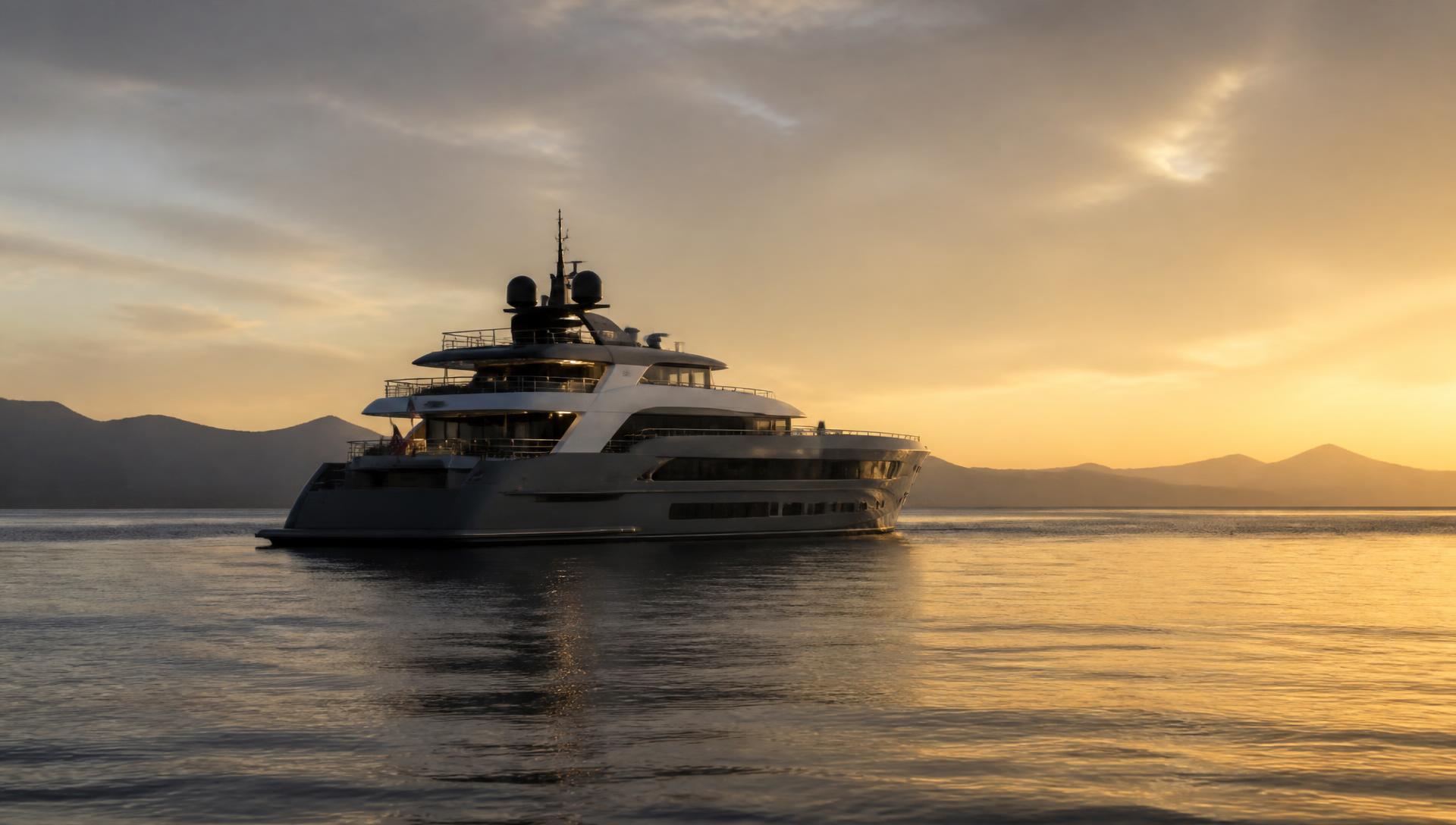 Motor yacht at sea in low evening light